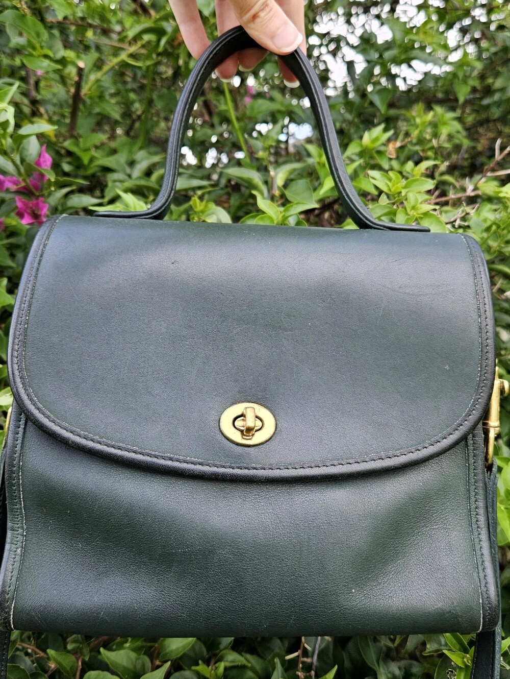 Vintage 1996 Coach Manor Bag 9977 Bottle Green Leather Top Handle Crossbody USA